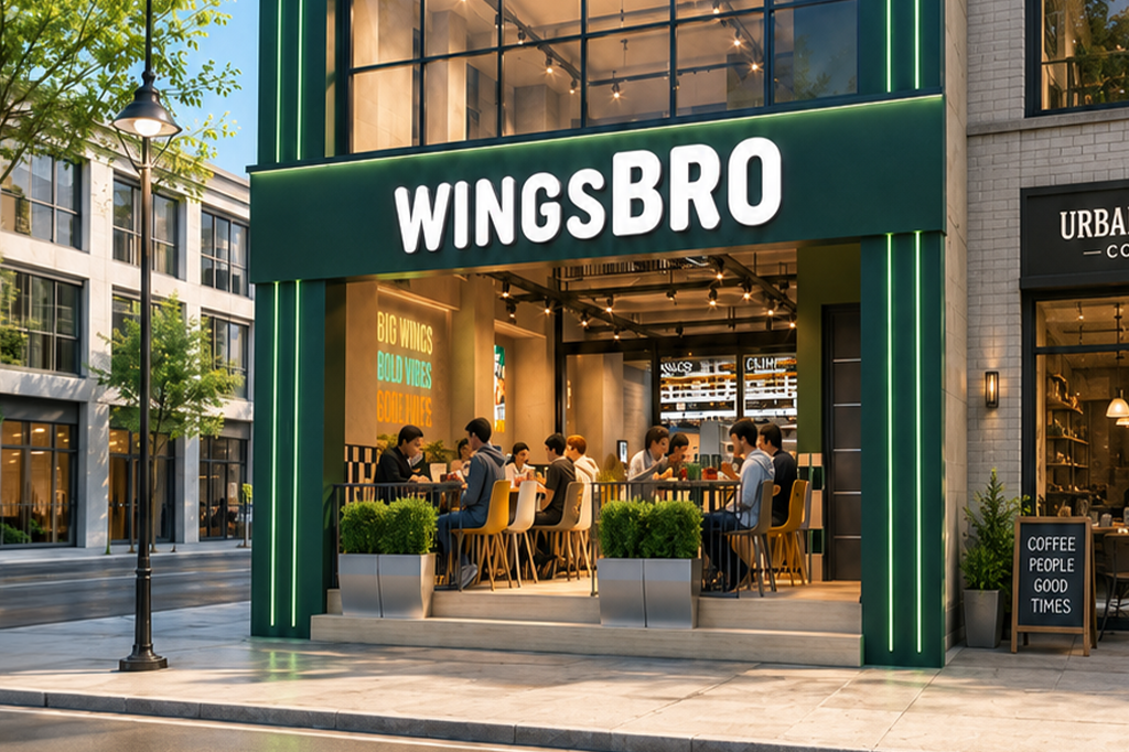 WingsBro restoranının gece görünümü; aydınlatılmış tabela, sıcak iç mekan ışığı ve önündeki dış oturma alanı