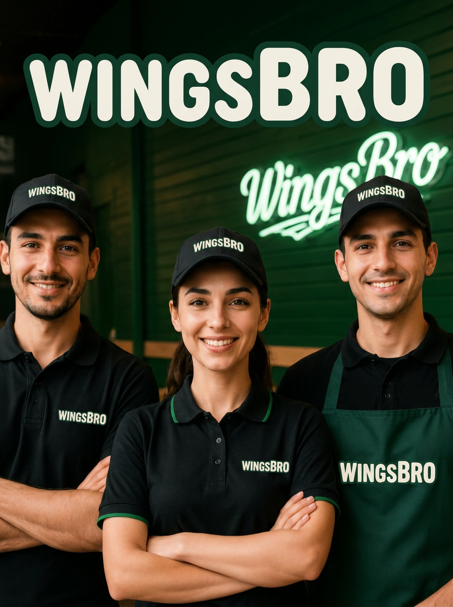 WingsBro ekibi — üç çalışanın restoran ortamında takım fotoğrafı